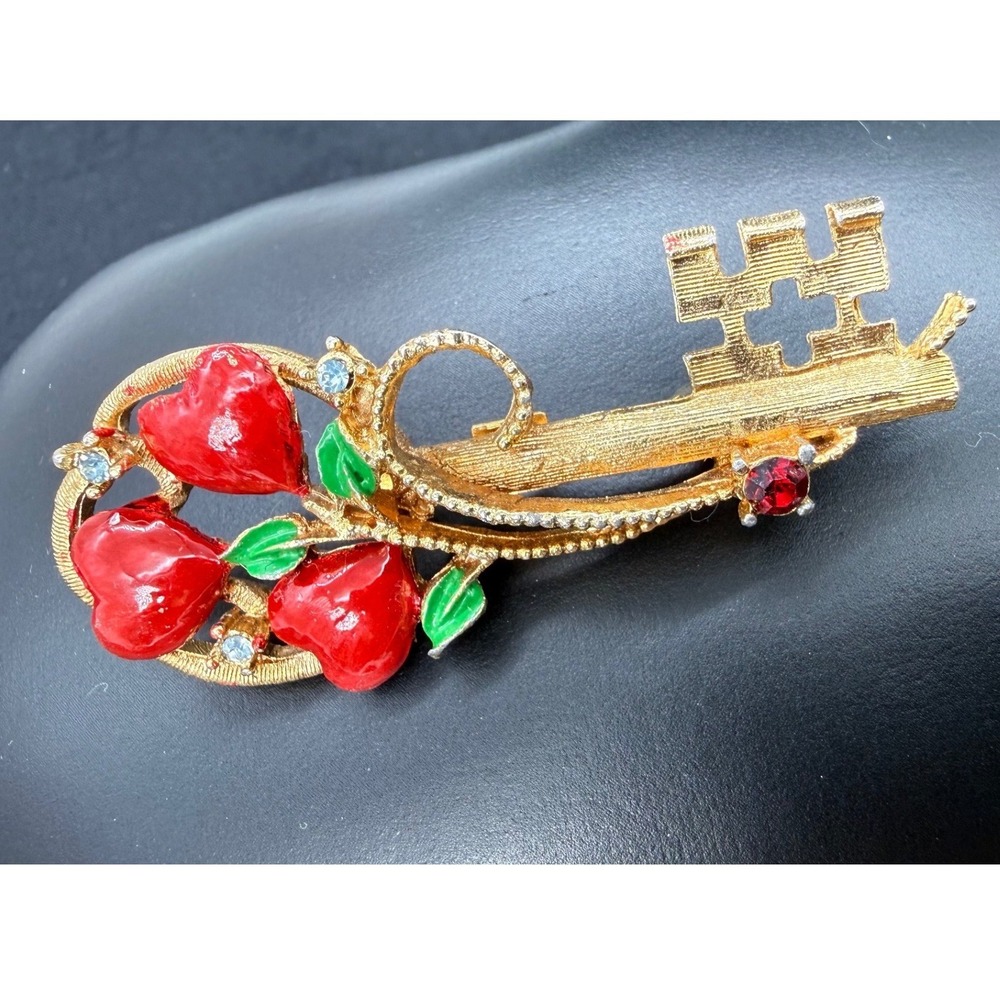 Vintage Gold Tone Romantic Red Enamel Heart Skeleton Key Brooch Rhinestone Pin